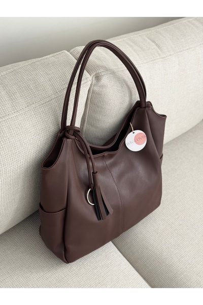 BAGLOVİS Large Size Brown Casual Women's Shoulder Bag with Ribbon and Tassel En45 Boy30