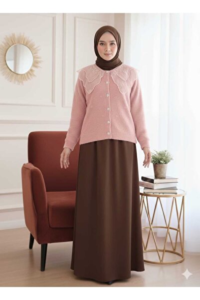 QUAWEAR Διπλή στρώση δαντέλας με λαιμόκοψη ποδηλάτου με μεταλλικά κουμπιά με πέτρες Φούστα Άνγκορα Ζακέτα