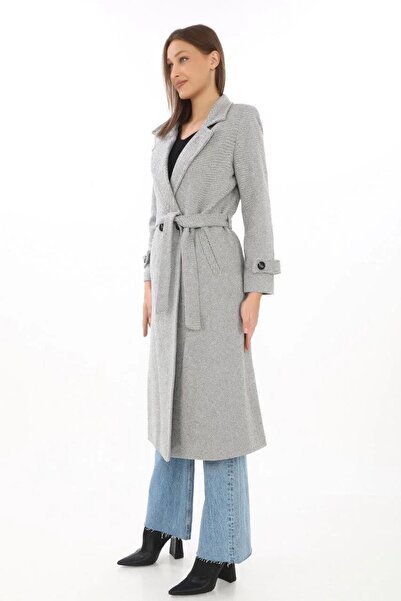 RAWEA FASHİON Women's Lined Fish Back Cashmere Cashmere Coat - Gray
