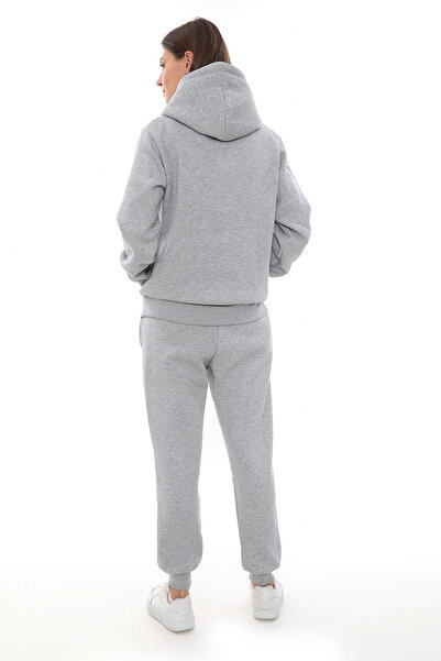 PHANTOM JEANS Gray Fleece Stylish Women's Tracksuit Set with Elasticated Legs and Pockets Hooded Embroidery Detail Compact Set