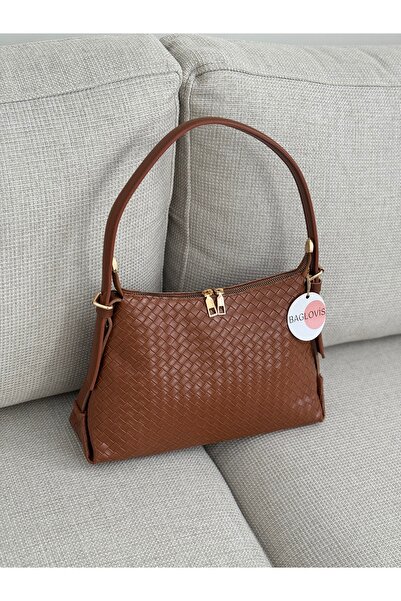 BAGLOVİS Baguette Taba Women's Shoulder Bag with Adjustable Strap and Knitted Pattern En30 Boy20