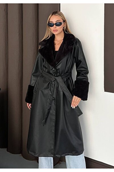 MAXXANA Faux Leather Trench Coat with Fur Detail