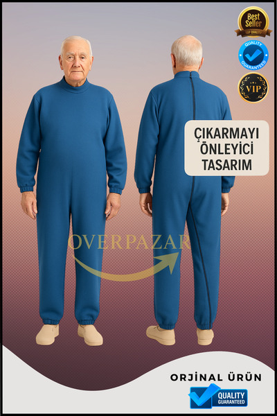Overbazaar Mavi & Demans Hasta Tulumu – Arkadan ve Sağ Bacağa Kadar Fermuarlı Önleyici Tasarım