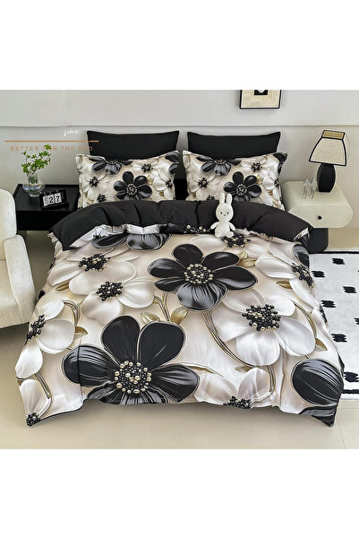 FIONNA.RO Finet 4-Piece Bed Linen with 5D Elastic 1 Person - Black with Flowers