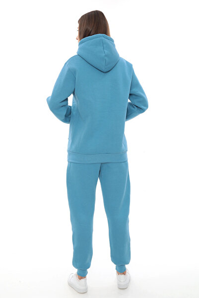 PHANTOM JEANS Τυρκουάζ φλις κομψό γυναικείο σετ αθλητικής φόρμας με ελαστικό πόδι και τσέπες με κουκούλα Κεντητικές λεπτομέρειες Συμπαγές σετ