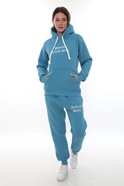 PHANTOM JEANS Τυρκουάζ φλις κομψό γυναικείο σετ αθλητικής φόρμας με ελαστικό πόδι και τσέπες με κουκούλα Κεντητικές λεπτομέρειες Συμπαγές σετ