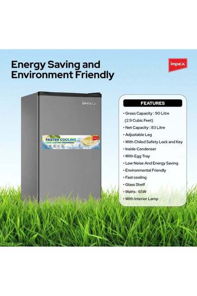 İMPEX Direct Cool Single Door Refrigerator 2.9Cubic Feet Faster Cooling Fridge 65 W IMRF 140C Dark G