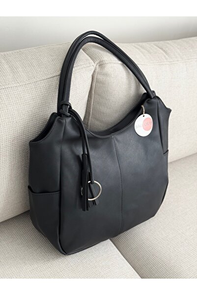 BAGLOVİS Large Size Black Casual Women's Shoulder Bag with Ribbon and Tassel En45 Boy30