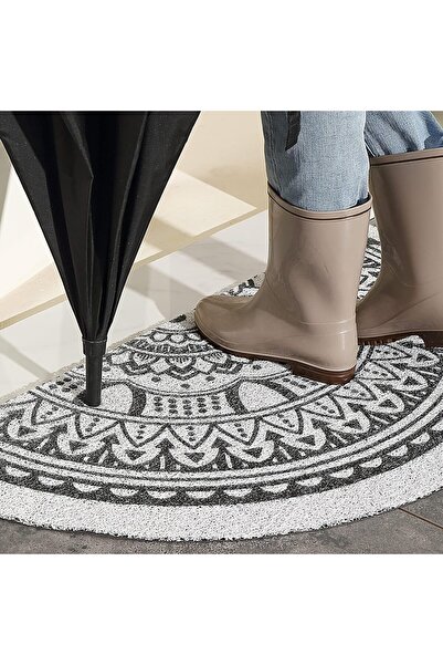 Generic OneDcor Boho Half Round Welcome Door Mat 60x90 cm – Black Leaf