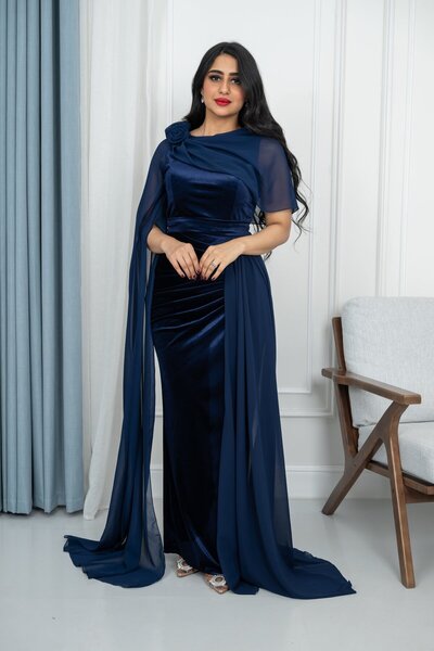 TREN Navy Blue Velvet Evening Gown with Chiffon Cape Overlay and Thigh Slit for Formal Events