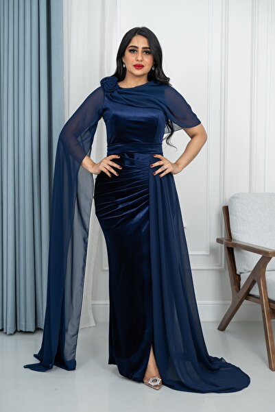 TREN Navy Blue Velvet Evening Gown with Chiffon Cape Overlay and Thigh Slit for Formal Events