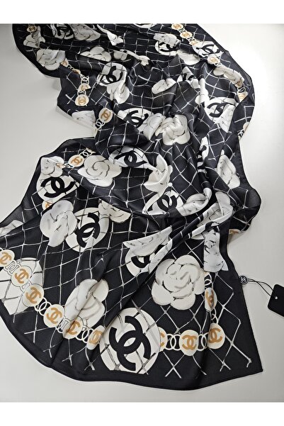 Shiva Scarfs وشاح حريري بنمط زهور أبيض وأسود، شال حريري، حجاب، لفة رأس