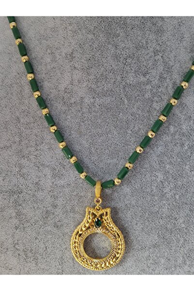 NETİCE ÖYLEK Emerald Green Stone Special Design Quarter Pendant Necklace