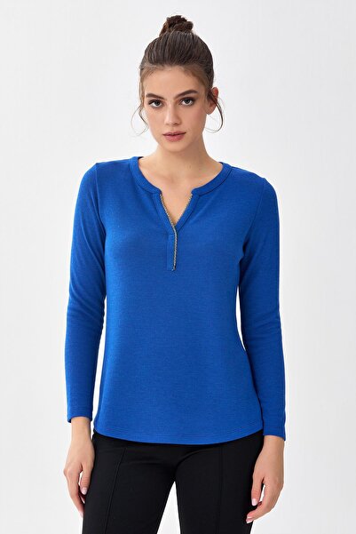 İKİLER Hakim Collar Neckline Chain Striped Blouse