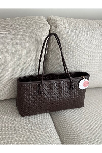 BAGLOVİS Classic Medium Size Knit Detail Brown Women's Shoulder Bag En40 Boy20