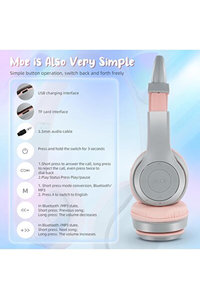 VALA V ALA Cat Ear Bluetooth Wireless Headphones for Kids - Over-Ear, LED Light, Mic (Grey)