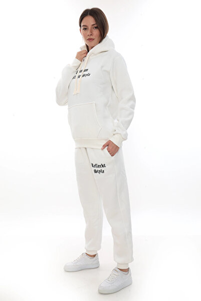 PHANTOM JEANS White Stylish Fleece Women's Tracksuit Set with Elasticated Legs and Pockets, Hooded Embroidery Details, Compact Set