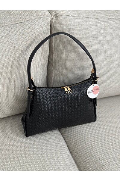 BAGLOVİS Baguette Black Women's Shoulder Bag with Adjustable Strap and Knitted Pattern En30 Boy20
