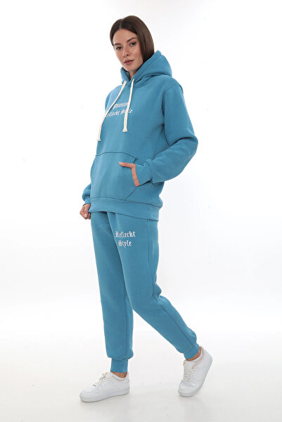 PHANTOM JEANS Τυρκουάζ φλις κομψό γυναικείο σετ αθλητικής φόρμας με ελαστικό πόδι και τσέπες με κουκούλα Κεντητικές λεπτομέρειες Συμπαγές σετ