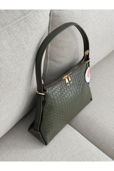 BAGLOVİS Baguette Khaki Women's Shoulder Bag with Adjustable Strap and Knitted Pattern En30 Boy20