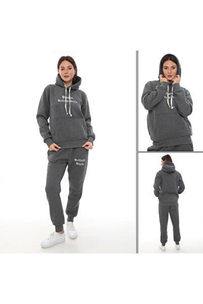 PHANTOM JEANS Σκούρο γκρι φλις κομψό γυναικείο σετ αθλητικής φόρμας με ελαστικό πόδι και τσέπες με κουκούλα Κεντημένο σετ με λεπτομέρειες