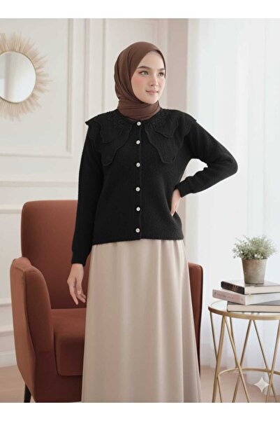 QUAWEAR Double Layer Lace Crew Neck Stone Metal Button Angora Cardigan with Skirt Top