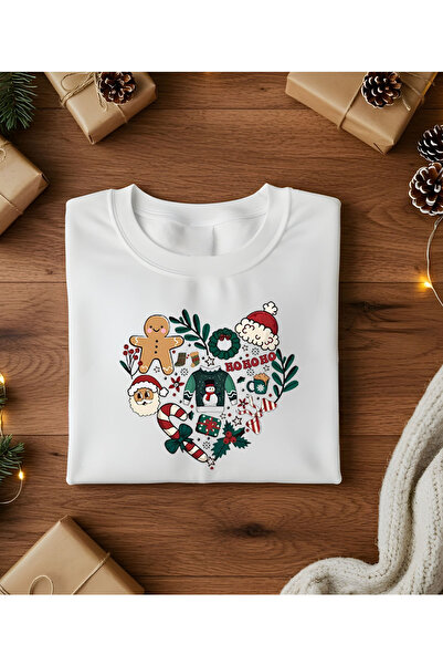 ASELİNDA Heart Detailed Christmas Themed T-Shirt - Family Matching T-Shirt (Add Items to Make a Matching Set)
