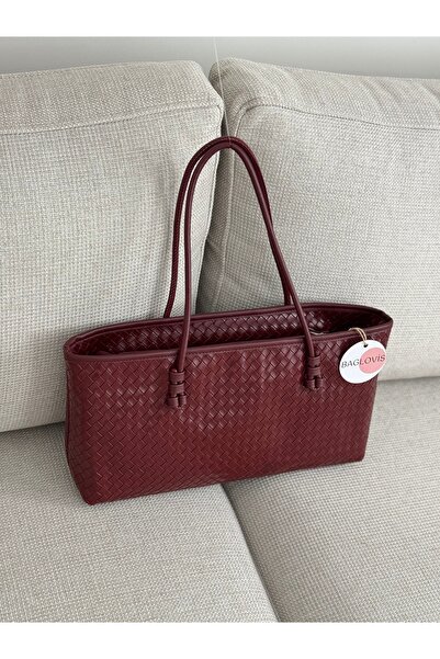 BAGLOVİS Classic Medium Size Knit Detail Burgundy Women's Shoulder Bag En40 Boy20