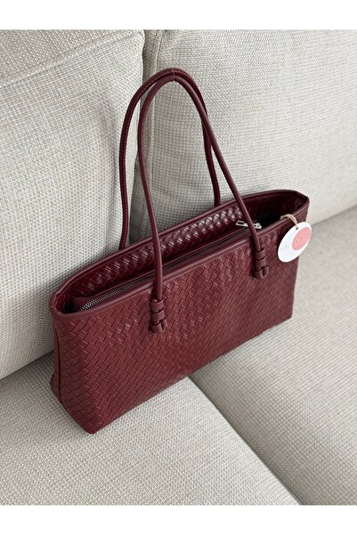 BAGLOVİS Classic Medium Size Knit Detail Burgundy Women's Shoulder Bag En40 Boy20