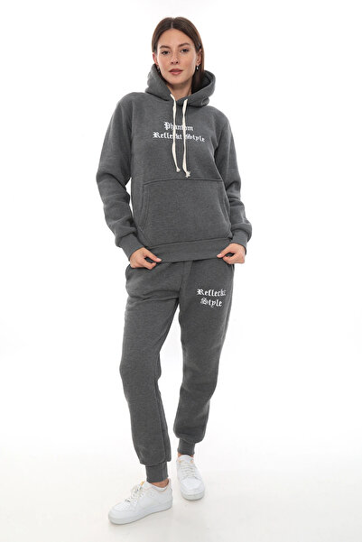 PHANTOM JEANS Σκούρο γκρι φλις κομψό γυναικείο σετ αθλητικής φόρμας με ελαστικό πόδι και τσέπες με κουκούλα Κεντημένο σετ με λεπτομέρειες
