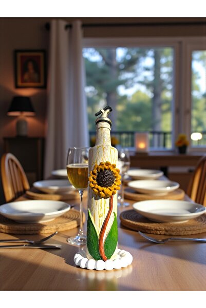 Mes Reves 500 ml Handmade Medium-Sized Sunflower Patterned Glass Oil Pot – Cracked Texture, Embossed Clay Applied