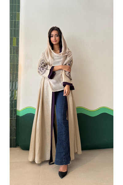 AYA mw1682-Abaya-Linen-Indian-Embroidered-with-Sleeves