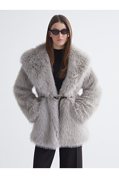LC Waikiki Lcwaikiki Classicgrey Shawl Collar Oversized Women Fur Coat