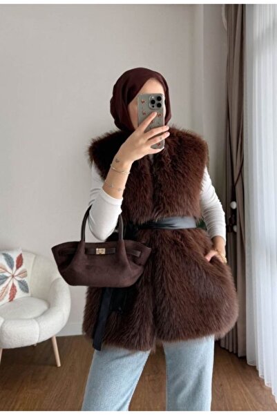 nizzell Women's Long Fur-Looking Belted Vest – Stylish Winter Fur Vest (Cream/Black/Coffee)