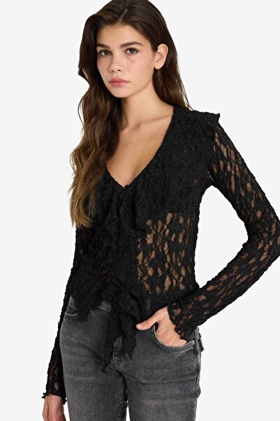 DeFacto Slim Fit Slim Fit V-Neck Lace Long Sleeve Blouse G4439Ax25Wn