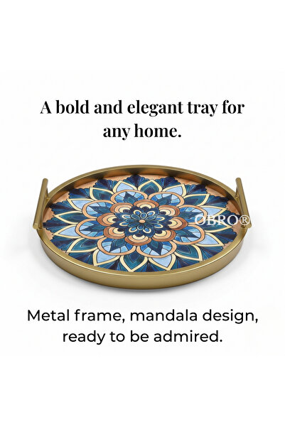 OBRO ® Round Gold Metal Tray with Handles – Blue Mandala Design, Elegant Décor & Serving, 35 cm