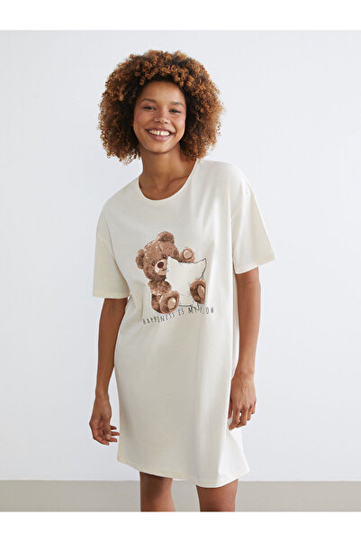 LC Waikiki Γυναικείο νυχτικό με λαιμόκοψη Bear με τύπωμα