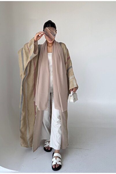 AYA mw1495-Linen-Beige-Striped-Lined-Chiffon-Half-Bisht