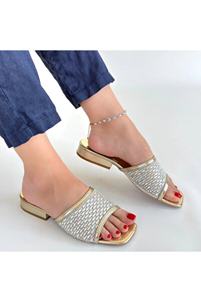 ALFA AKSESUAR 03 Ortu gold skin embroidered slippers