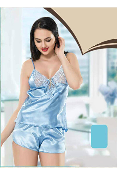 Stylish لانجري بلون البيبي بلو مكون من قطعتين من الساتان الناعم بإطلالة مثيرة