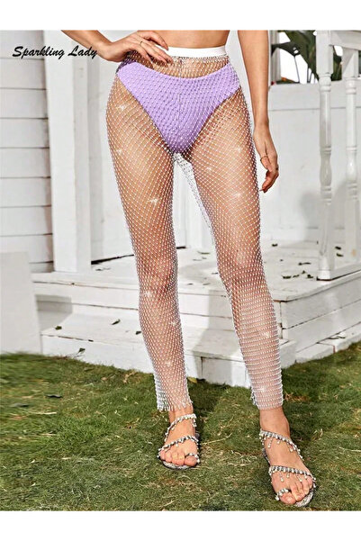 Veille Women's Crystal Stone Mesh Pants & Women's Stone Pants, Stylish Party Stone Crop, Beach Wear Outfit