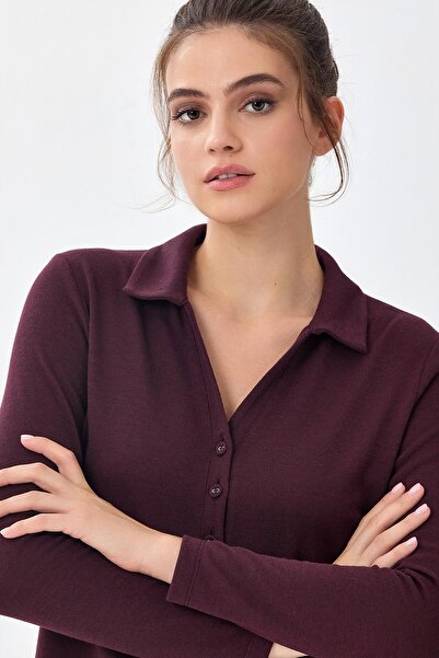 İKİLER Plus Size Button Front Shirt Collar Blouse