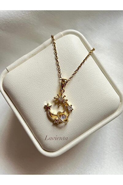 Lavienta قلادة من الفولاذ على شكل قمر ذهبي وفضي