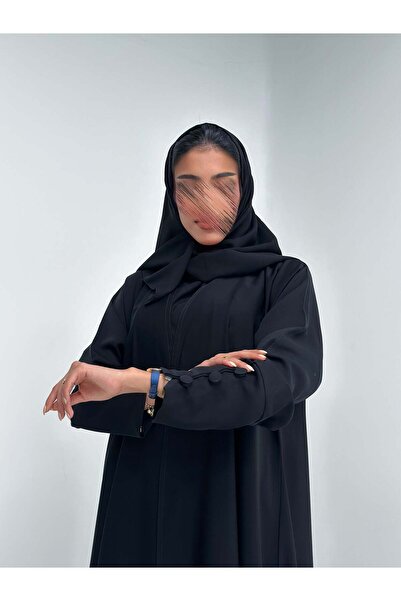 AYA عباية من الكريب الناعم مع أزرار أكمام وشال حرير مطبوع 1