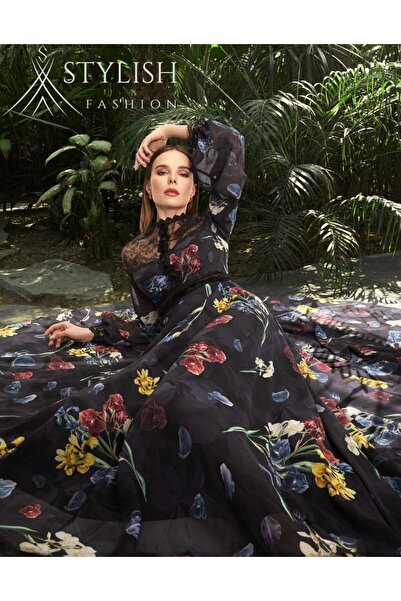 Stylish فستان طويل راقي ، شيفون مورد باللون الأسود