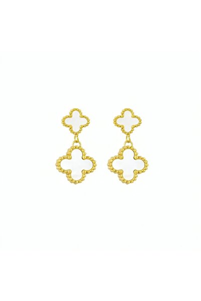 RAFINI Double Clover Earrings White - Placați cu Aur 18K, Otel inoxidabil