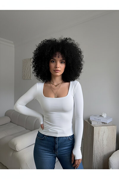 Boubon Co Ecru Women's U-Neck Long Sleeve Finger-Looped Ecru Women's Blouse