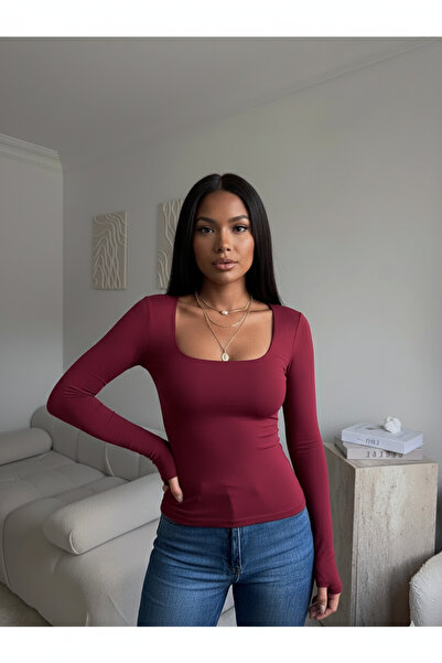 Boubon Co Burgundy Women's U-Neck Long Sleeve Finger-Looped Burgundy Women's Blouse