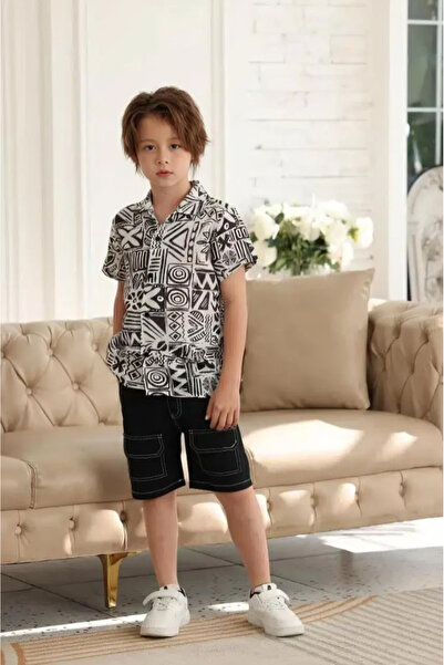 Alesaei-mondo tondo Boys' white shirt with black pattern 4129