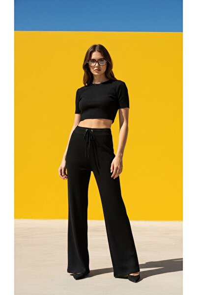 MioTrend Navy Blue Women's Wide Leg Tie-Waist Corded Fabric Pants